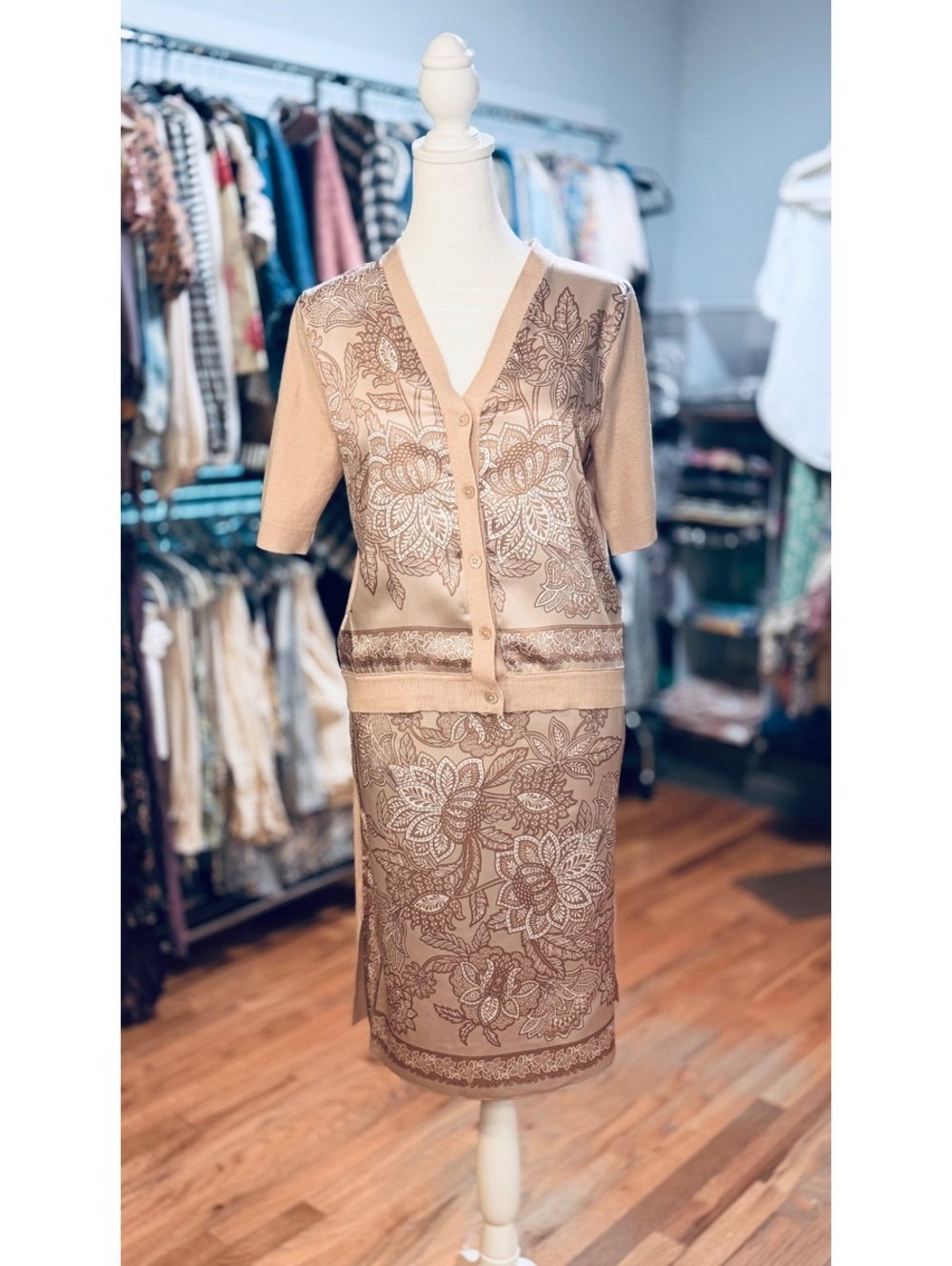 CURRENT AIR Paisley Floral Cardigan Midi Skirt 2 Piece Set Taupe NWT Small